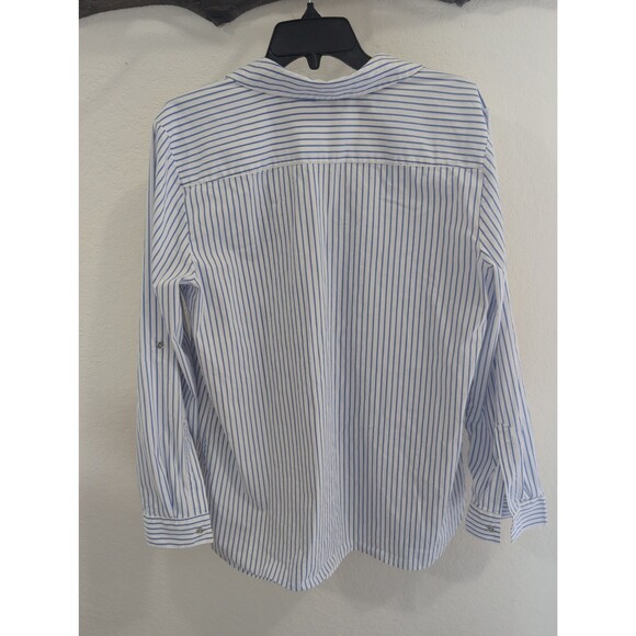 Calvin Klein Blue & White Striped Lace-Up V-Neck Long Sleeve Blouse XL - Picture 2 of 4